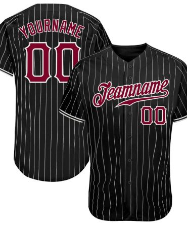 Custom Black White Pinstripe Maroon-White Authentic Baseball Jersey