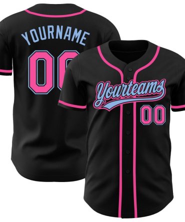 Custom Black Pink-Light Blue Authentic Baseball Jersey