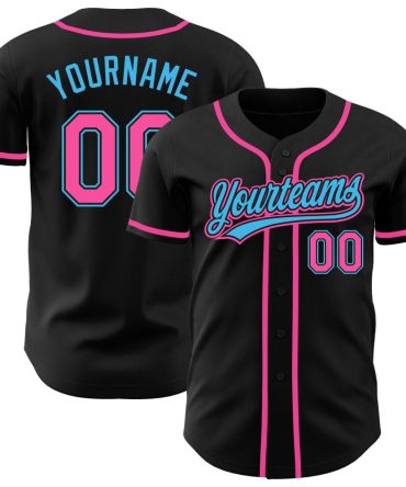 Custom Black Pink-Sky Blue Authentic Baseball Jersey
