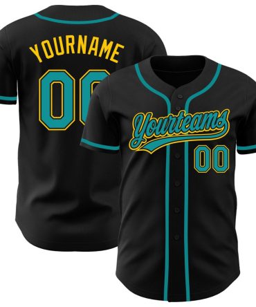 Custom Black Teal-Gold Authentic Baseball Jersey