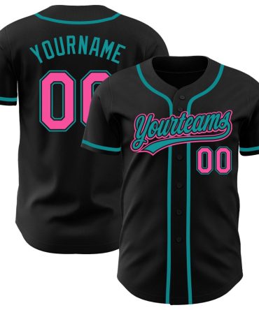 Custom Black Pink-Teal Authentic Baseball Jersey