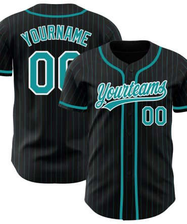 Custom Black Teal Pinstripe Teal-White Authentic Baseball Jersey