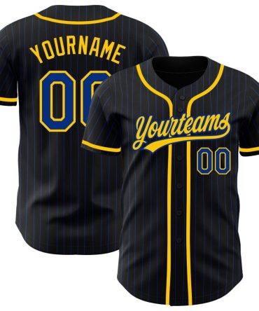 Custom Black Royal Pinstripe Royal-Yellow Authentic Baseball Jersey