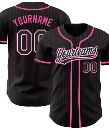 Custom Black Pink Pinstripe Black-White Authentic Baseball Jersey