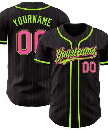 Custom Black Pink Pinstripe Pink-Neon Green Authentic Baseball Jersey
