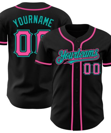 Custom Black Pink-Aqua Authentic Baseball Jersey
