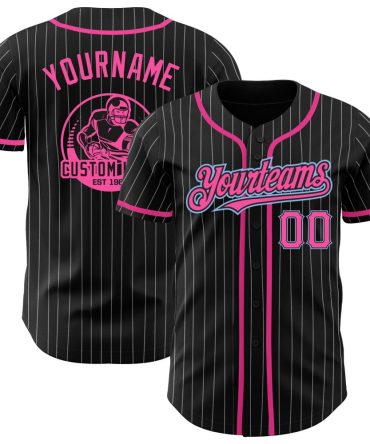 Custom Black White Pinstripe Pink-Light Blue Authentic Baseball Jersey