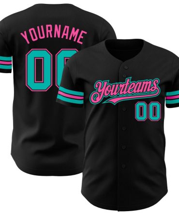 Custom Black Aqua-Pink Authentic Baseball Jersey