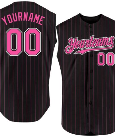 Custom Black Pink Pinstripe White Authentic Sleeveless Baseball Jersey