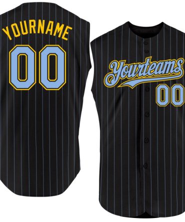 Custom Black Light Blue Pinstripe Yellow Authentic Sleeveless Baseball Jersey