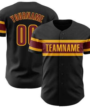 Custom Black Burgundy-Gold Authentic Baseball Jersey