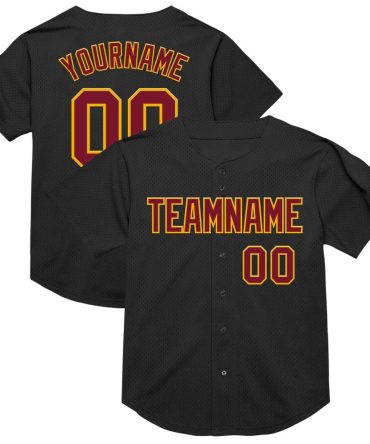 Custom Black Crimson-Gold Mesh Authentic Throwback Baseball Jersey