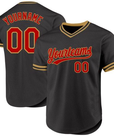 Custom Black Red-Old Gold Authentic Throwback Baseball Jersey