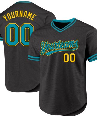 Custom Black Teal-Yellow Authentic Throwback Baseball Jersey