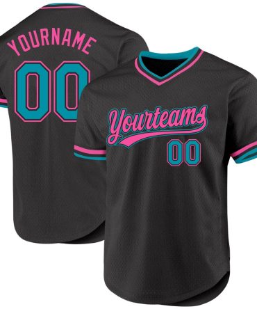 Custom Black Teal-Pink Authentic Throwback Baseball Jersey