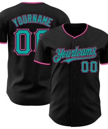 Custom Black Aqua-Pink Authentic Baseball Jersey