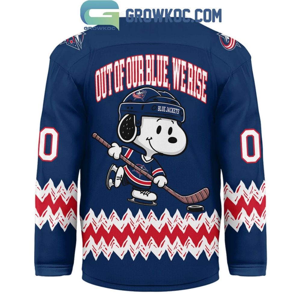 Columbus Blue Jackets Snoopy Peanuts Out Of Our Blue We Rise Hockey Jersey - Image 3