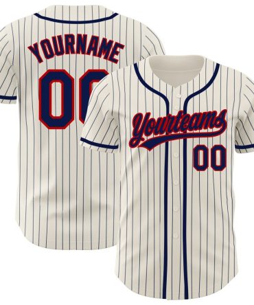 Custom Cream Navy Pinstripe Navy-Red Authentic Baseball Jersey