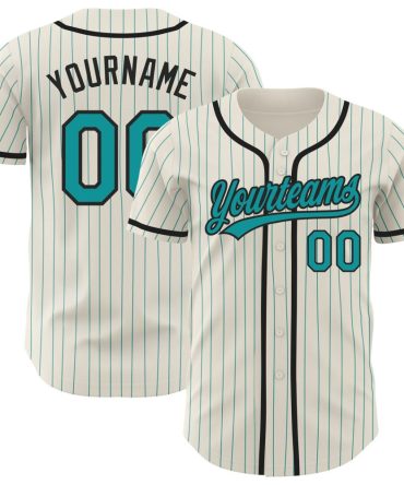 Custom Cream Teal Pinstripe Black Authentic Baseball Jersey