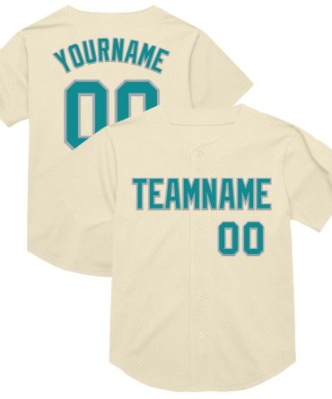 Custom Cream Teal-Gray Mesh Authentic Throwback Baseball Jersey