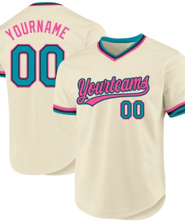 Custom Cream Teal Black-Pink Authentic Throwback Baseball Jersey