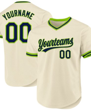 Custom Cream Navy-Neon Green Authentic Throwback Baseball Jersey