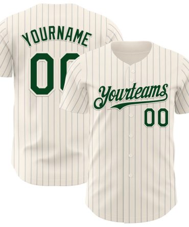 Custom Cream Gray Pinstripe Green Authentic Baseball Jersey