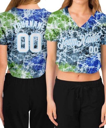 Custom Women'S Tie Dye White-Light Blue Abstract Art 3D V-Neck Cropped Baseball Jersey