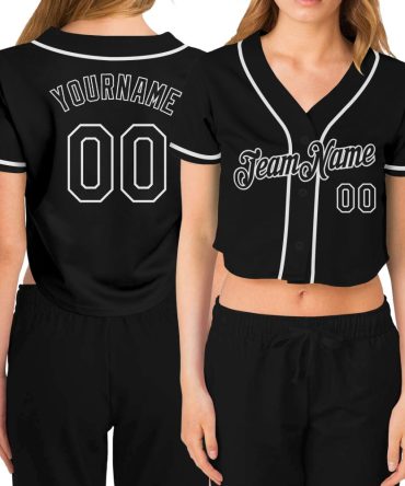 Custom Women'S Black Black-White V-Neck Cropped Baseball Jersey