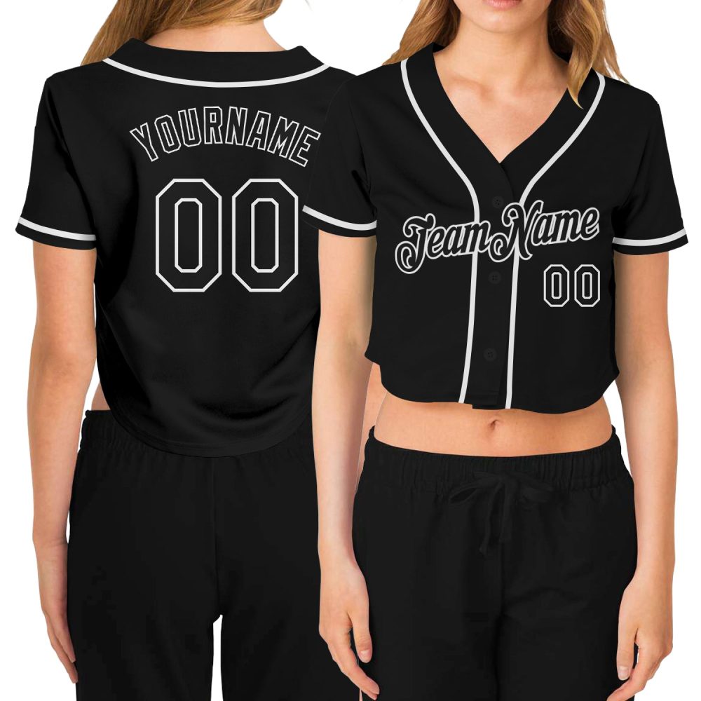 Custom Women'S Black Black-White V-Neck Cropped Baseball Jersey