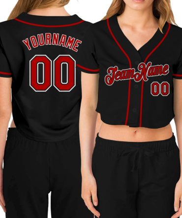 Custom Women'S Black Red-White V-Neck Cropped Baseball Jersey
