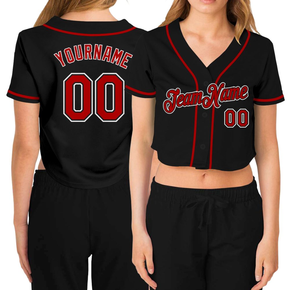 Custom Women'S Black Red-White V-Neck Cropped Baseball Jersey
