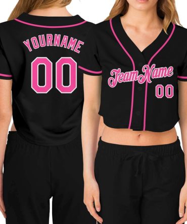 Custom Women'S Black Pink-White V-Neck Cropped Baseball Jersey