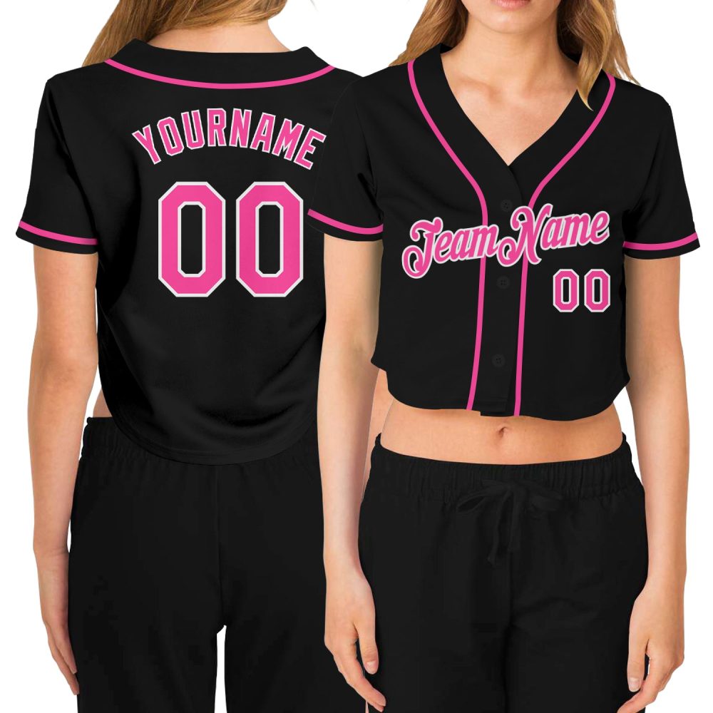 Custom Women'S Black Pink-White V-Neck Cropped Baseball Jersey