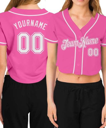 Custom Women'S Pink White V-Neck Cropped Baseball Jersey