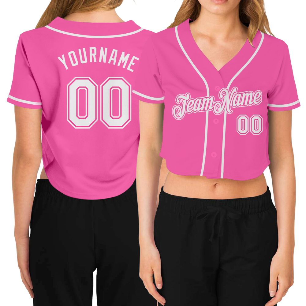 Custom Women'S Pink White V-Neck Cropped Baseball Jersey