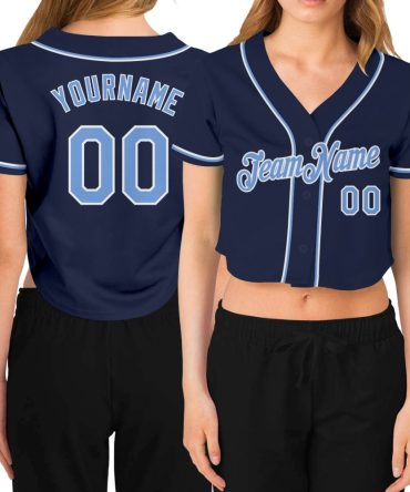 Custom Women'S Navy Light Blue-White V-Neck Cropped Baseball Jersey