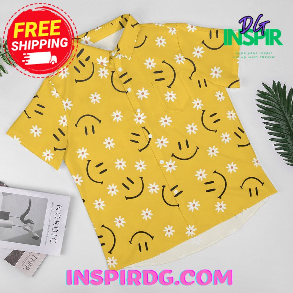 Daisies Floral Smiley Graphic Hawaiin Shirt - Image 4