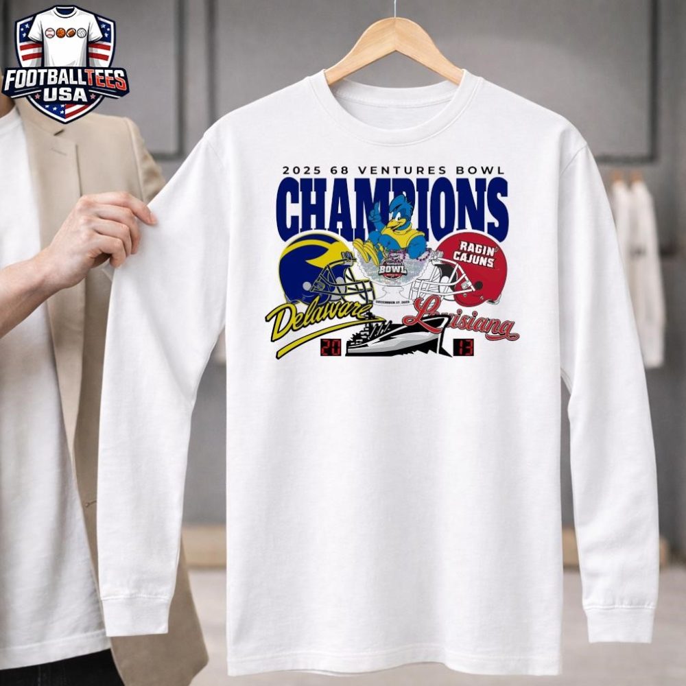 Delaware Fightin' Blue Hens Winner 20-13 Louisiana Ragin' Cajuns 2025 68 Ventures Bowl Champions T-Shirt - Image 3