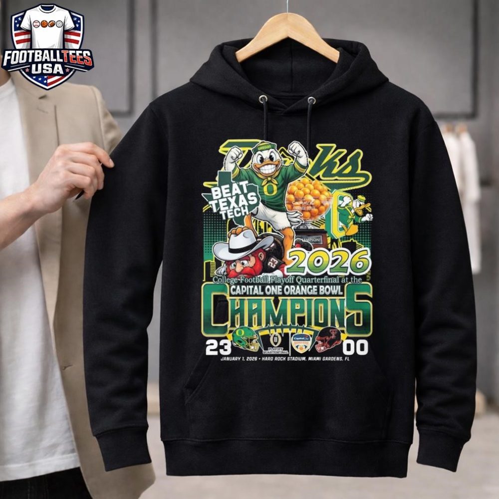 Ducks Beat Texas Tech 2026 College Football Playoff Quarterfinal At The Capital One Orange Bowl Champions 23-00 Jan 1 2026 Mascot News Unisex Shirt - Image 3