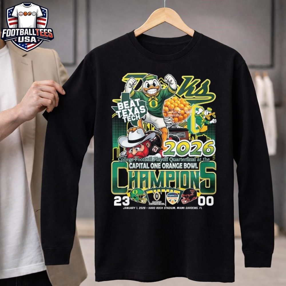 Ducks Beat Texas Tech 2026 College Football Playoff Quarterfinal At The Capital One Orange Bowl Champions 23-00 Jan 1 2026 Mascot News Unisex Shirt - Image 4