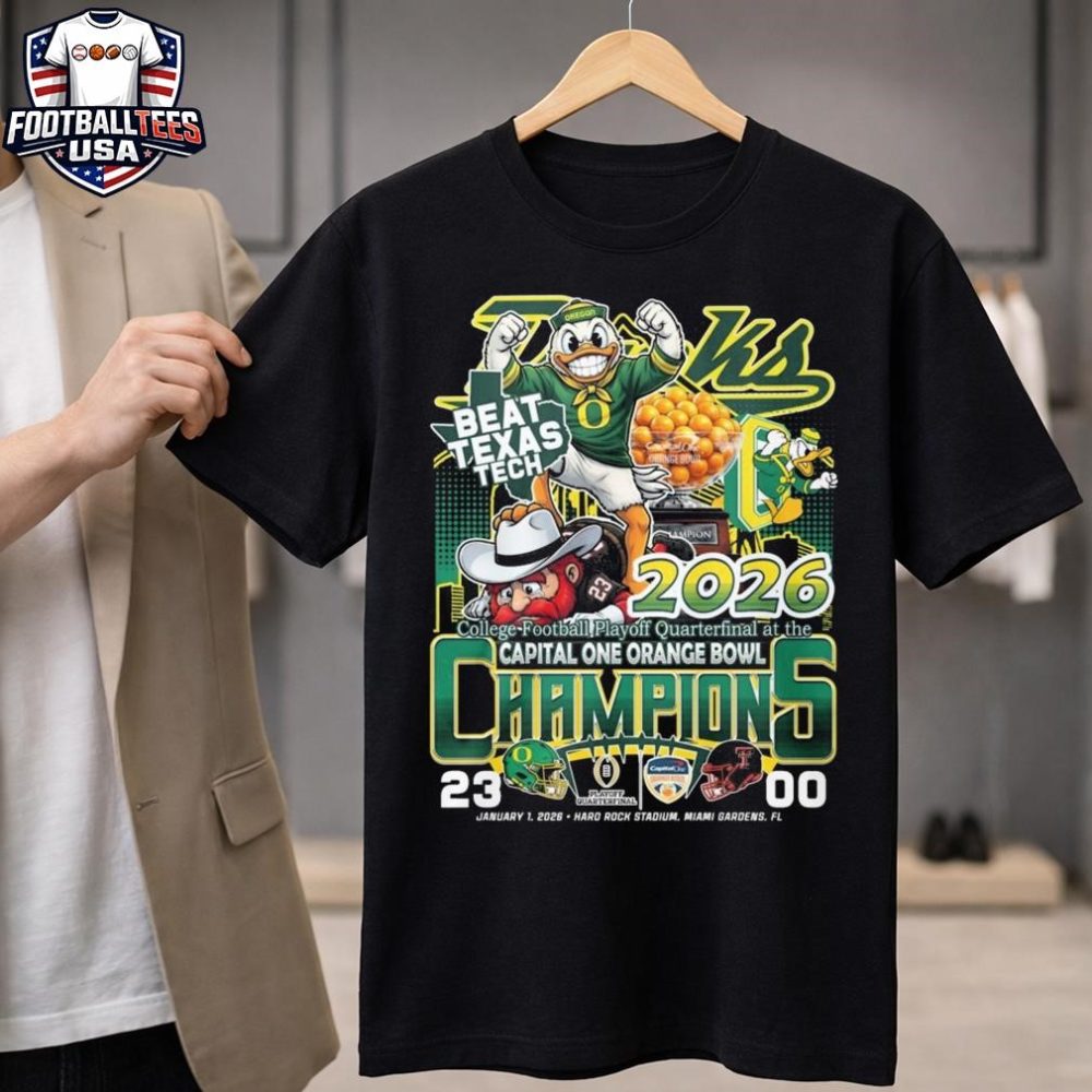 Ducks Beat Texas Tech 2026 College Football Playoff Quarterfinal At The Capital One Orange Bowl Champions 23-00 Jan 1 2026 Mascot News Unisex Shirt