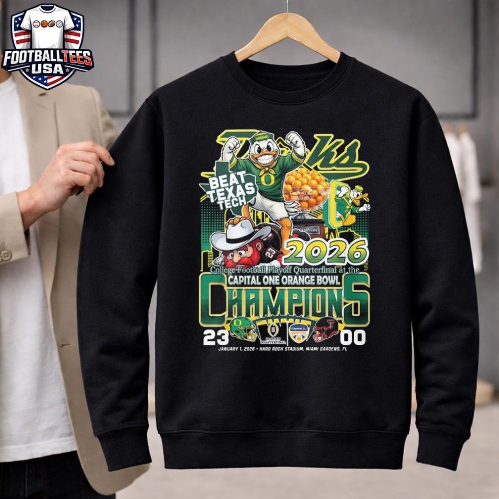 Ducks Beat Texas Tech 2026 College Football Playoff Quarterfinal At The Capital One Orange Bowl Champions 23-00 Jan 1 2026 Mascot News Unisex Shirt - Image 2