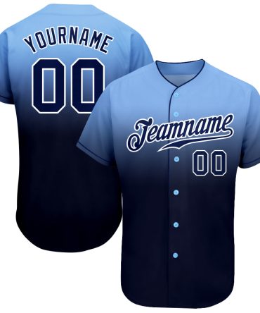 Custom Light Blue Navy-White Authentic Fade Fashion Baseball Jersey