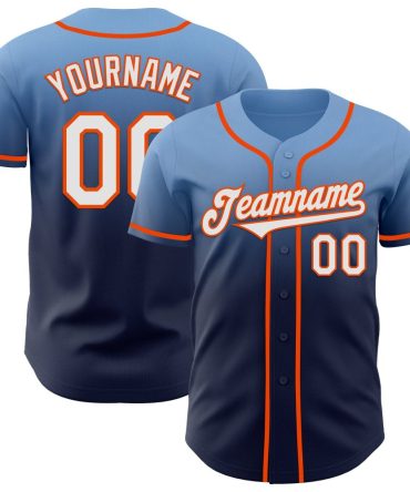 Custom Light Blue Navy-Orange Authentic Fade Fashion Baseball Jersey