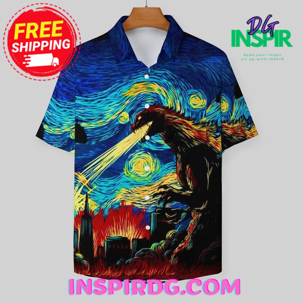 Godzilla "De Sterrennacht" Van Gogh Hawaiin Shirt - Image 4