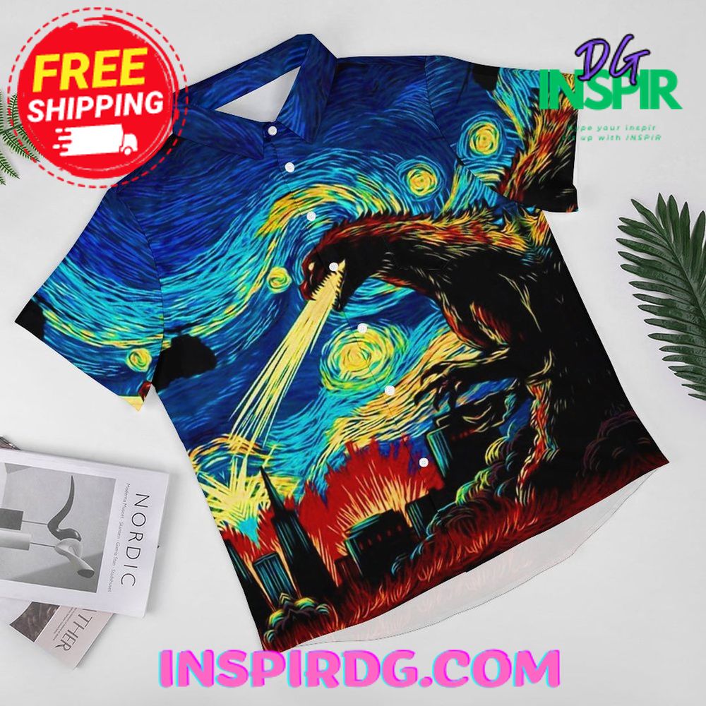 Godzilla "De Sterrennacht" Van Gogh Hawaiin Shirt - Image 3