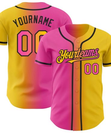 Custom Yellow Pink-Black Authentic Gradient Fashion Baseball Jersey