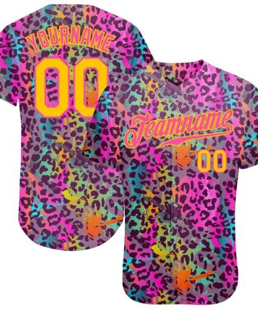 Custom Graffiti Pattern Gold-Pink 3D Colorful Leopard Authentic Baseball Jersey