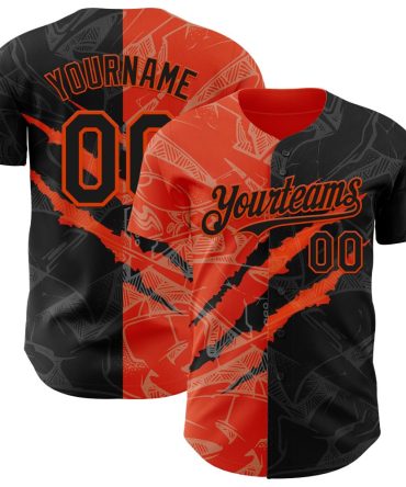 Custom Graffiti Pattern Black-Orange 3D Scratch Authentic Baseball Jersey